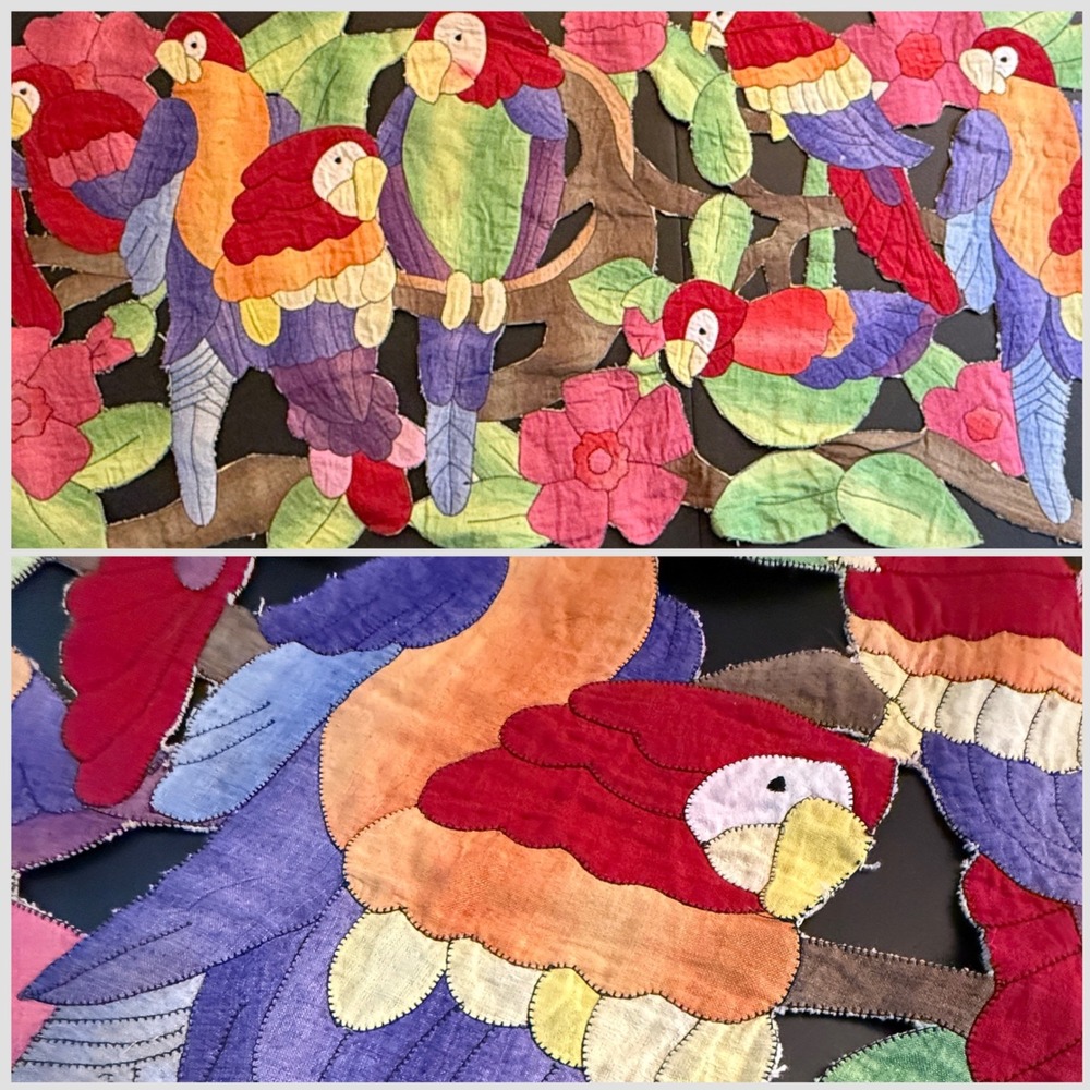 Vintage Mola Style Applique Parrot Table Runner Tropical Floral Hand Stitched